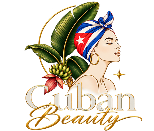Cuban Beauty: woman in a Cuban headscarf, banana plant and golden lettering